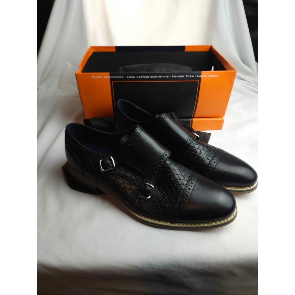 La Milano Mens Black Leather Double Monk Strap Quilted Brogue Dress Shoes 11